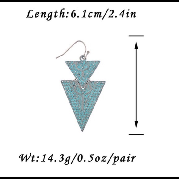 🎉 Boho Patina Triangle Dangle Teal & Silver Earri - Picture 5 of 6